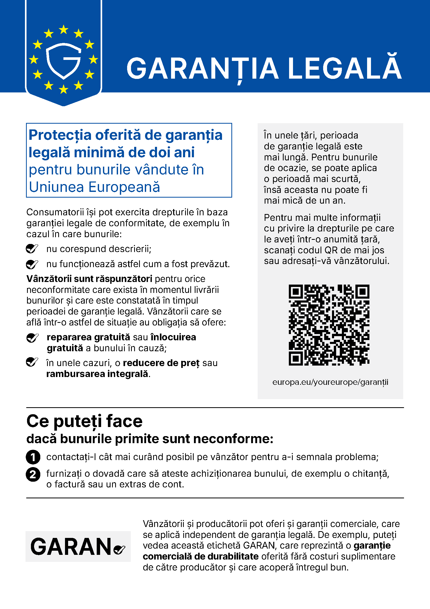 Notificarea armonizată privind garanția legală de conformitate (Uniunea Europeană)